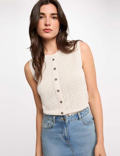 Mouwloos vest met ronde hals ivoor vrouw