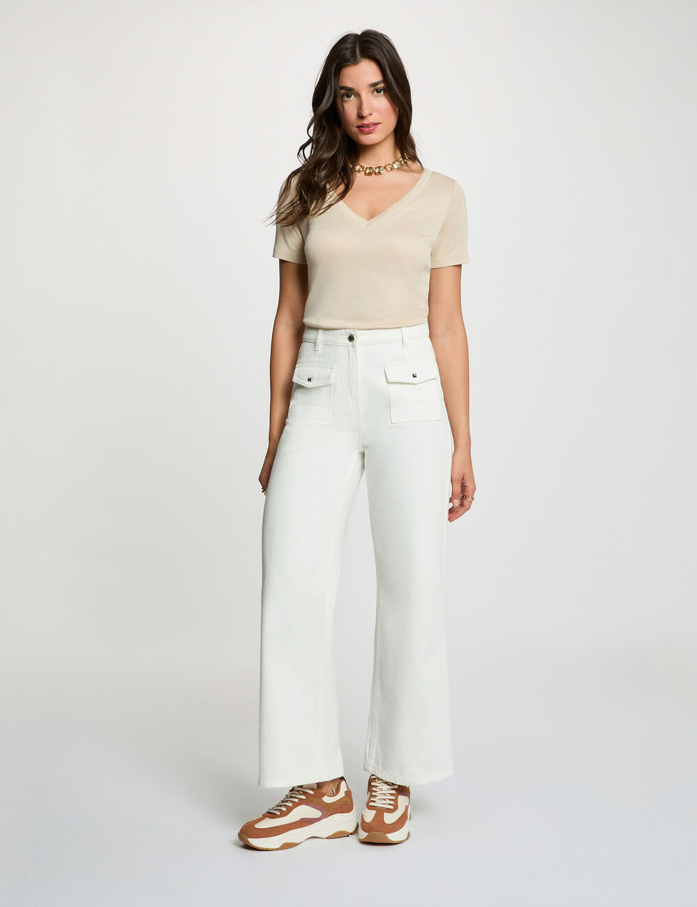 T-shirt cintré col v ivoire femme