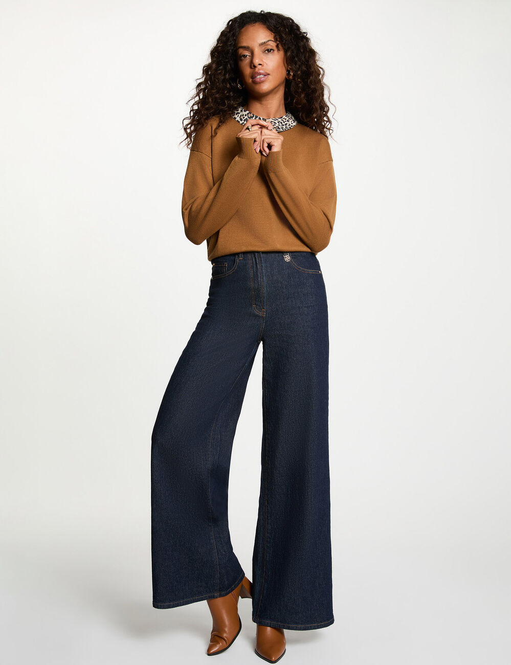 Pull col l&eacute;opard camel femme