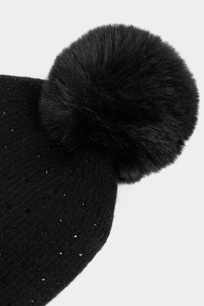 Bonnet avec strass et pompon noir femme