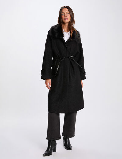 Manteau long fausse fourrure noir femme
