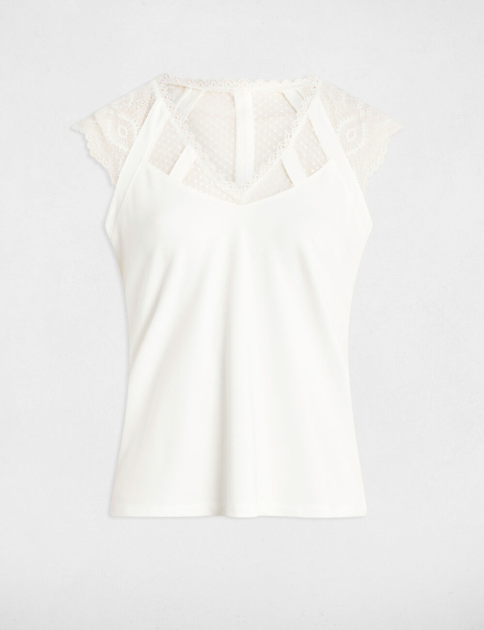 Kant T-shirt met V-hals helder wit vrouw