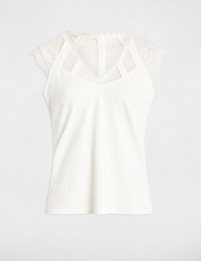 Kant T-shirt met V-hals helder wit vrouw