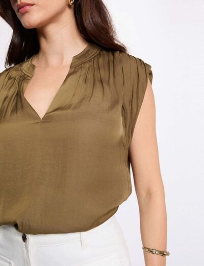 Blouse manches courtes satin vert kaki femme
