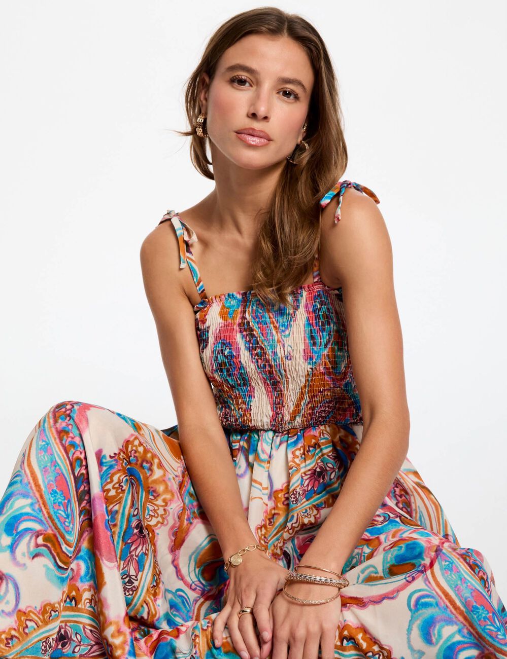 Robe longue droite imprimée multicolore femme