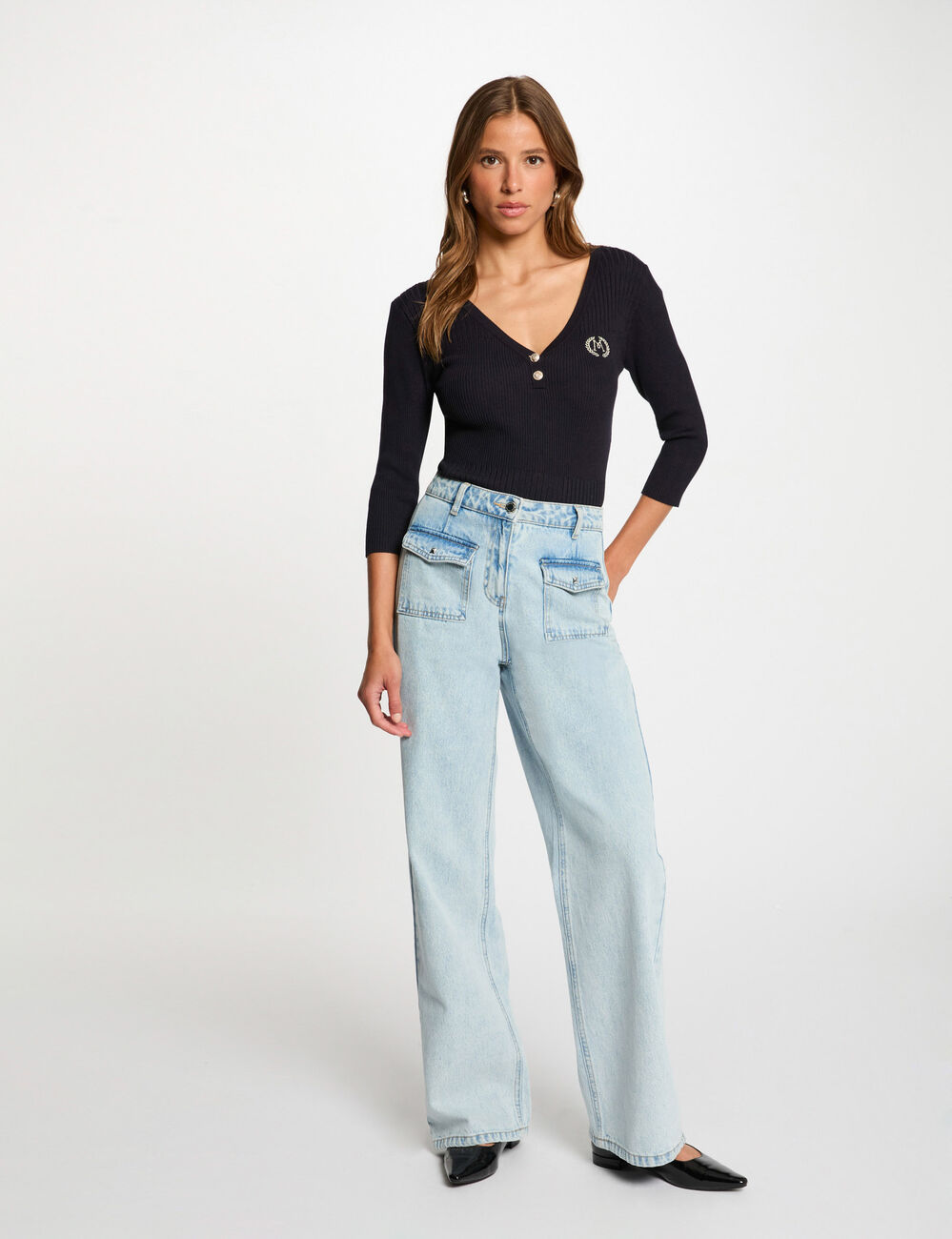 Geribde trui met V-hals marineblauw vrouw