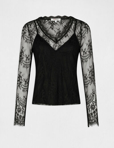 T-shirt manches longues à dentelle noir femme