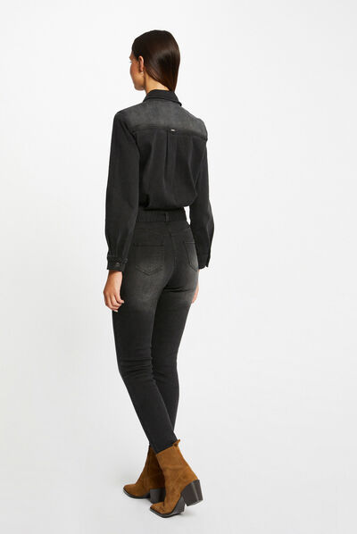 Aansluitende denim jumpsuit met ceintuur antracietgrijs vrouw