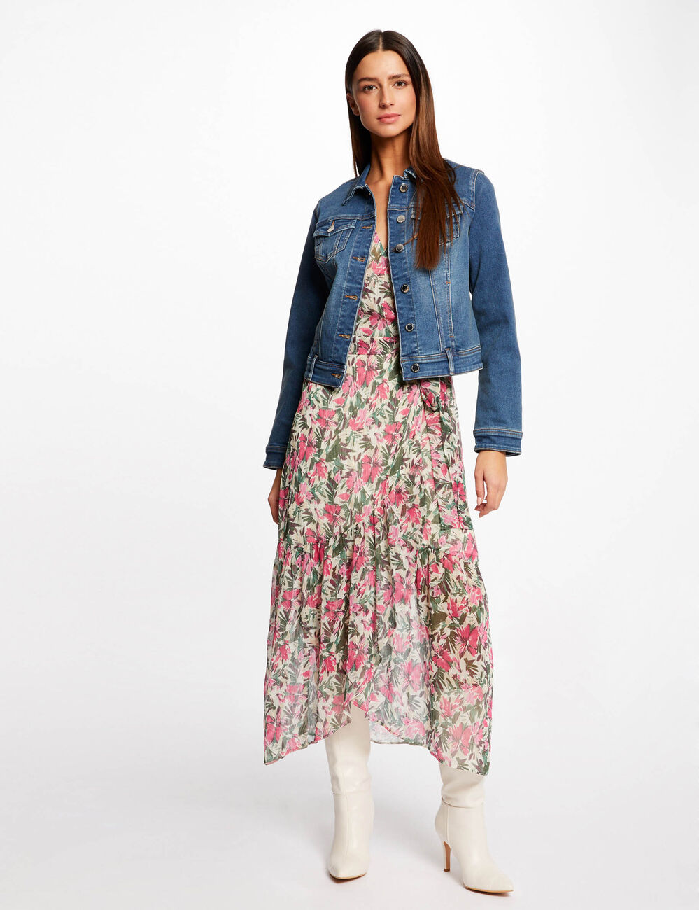 Veste droite boutonn&eacute;e en jean denim stone femme