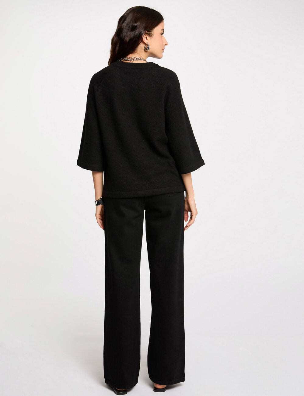 Pull manches 3/4 oversize noir femme