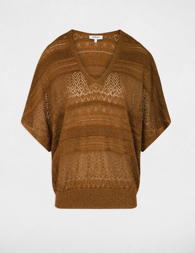 Pull oversize col v camel femme