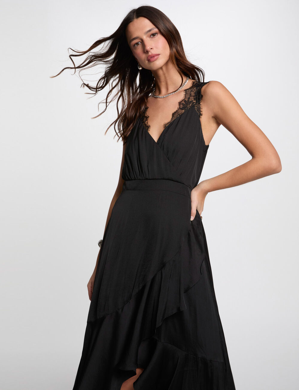 Robe longue droite fluide noir femme