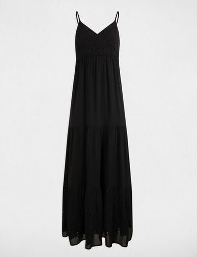 Robe longue fluide broderie noir femme