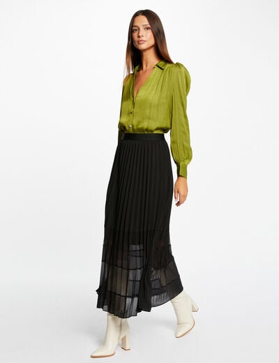 Lange uitlopende plooirok zwart vrouw