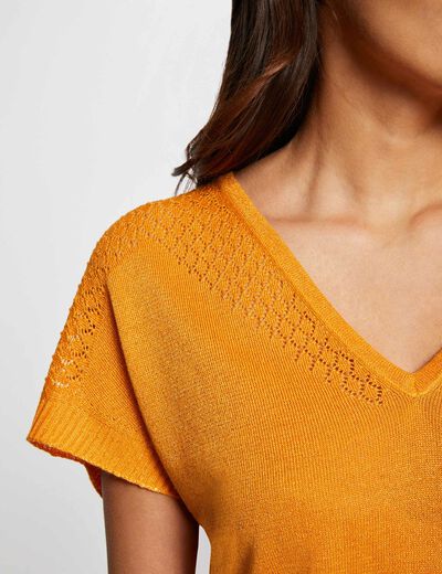 Pull col en V manches courtes orange femme