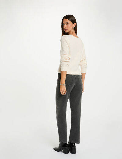 Pull court col v ivoire femme