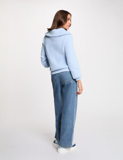 Pull manches longues à col zippé bleu ciel femme