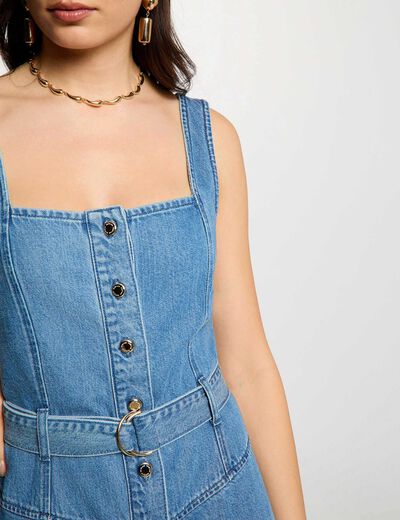 Robe mi-longue encolure carr&eacute;e denim stone femme