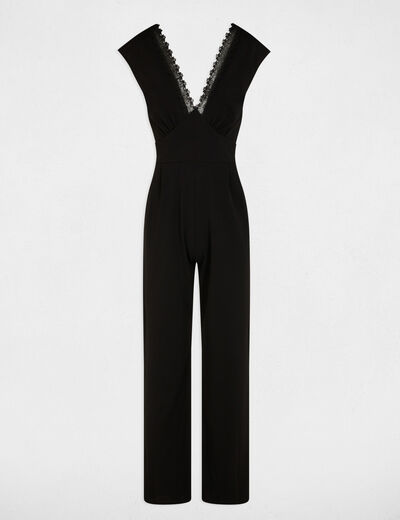 Kant jumpsuit met V-hals zwart vrouw
