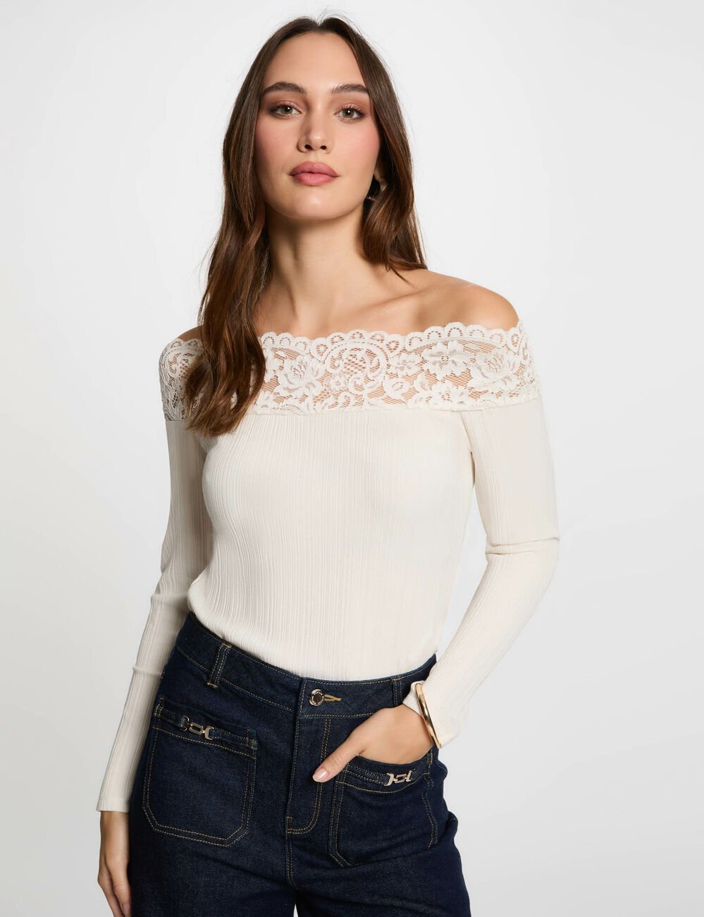T-shirt met lange mouwen ivoor vrouw