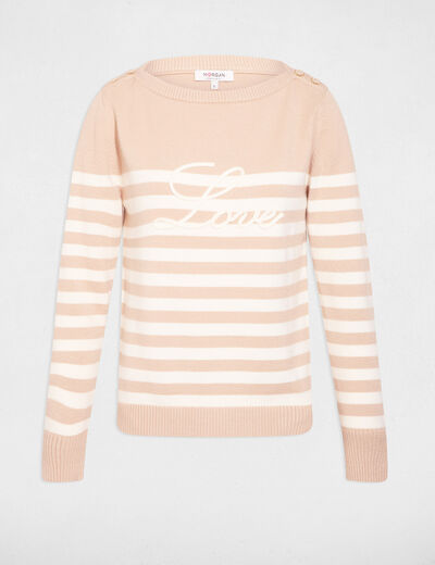 Gestreepte geborduurde trui marron clair vrouw