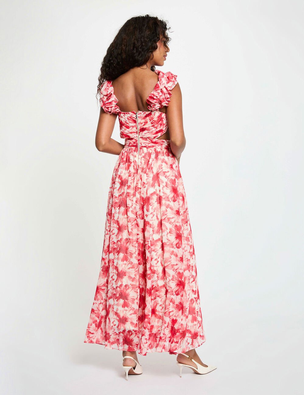 Robe longue florale &eacute;vas&eacute;e rouge femme