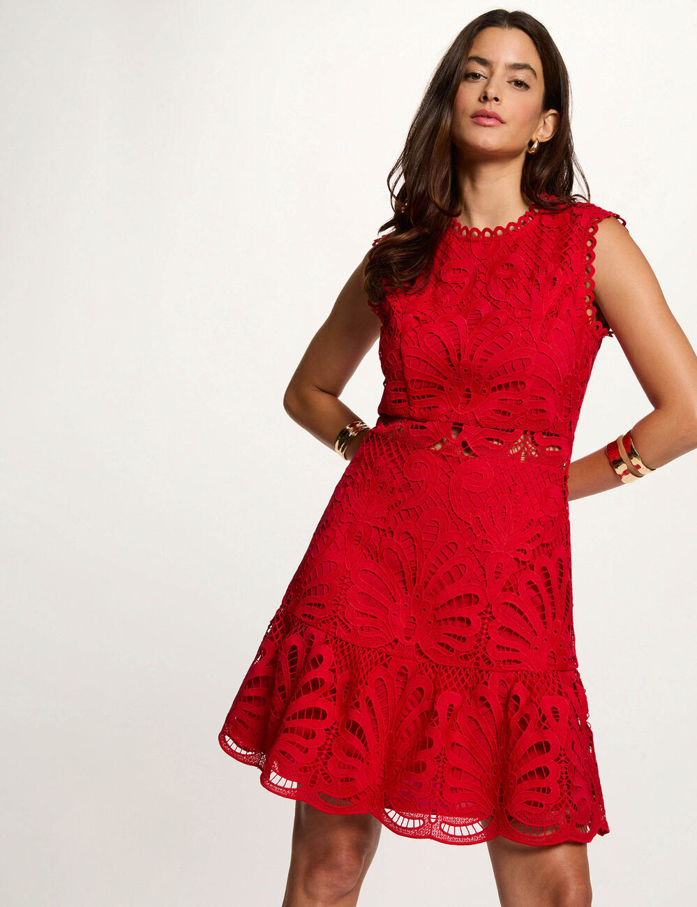 Robe courte trap&egrave;ze dentelle rouge femme