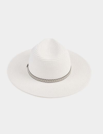 Grafische strohoed helder wit vrouw