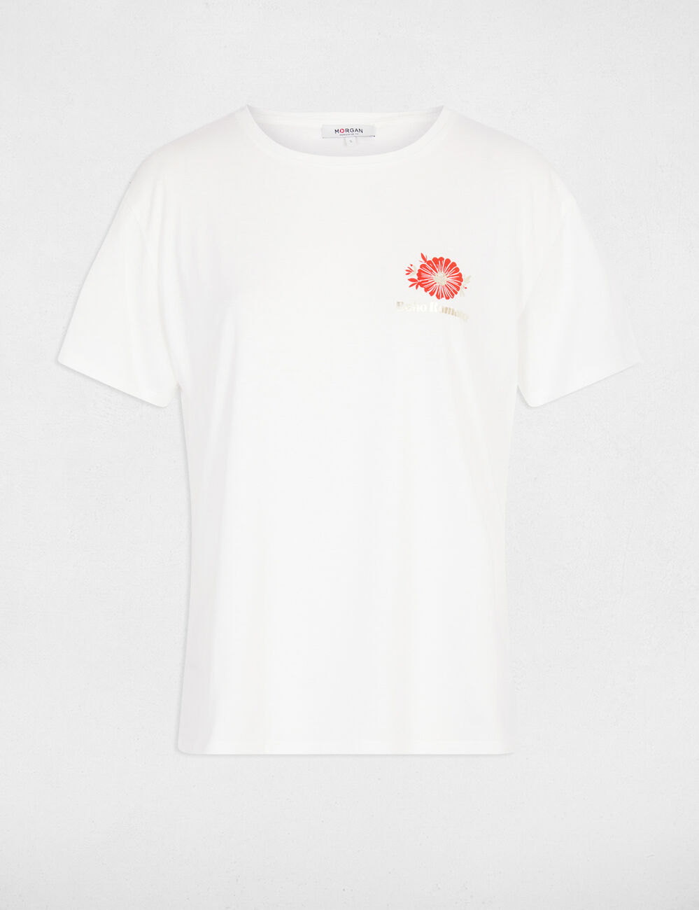 T-shirt imprim&eacute; col rond blanc femme