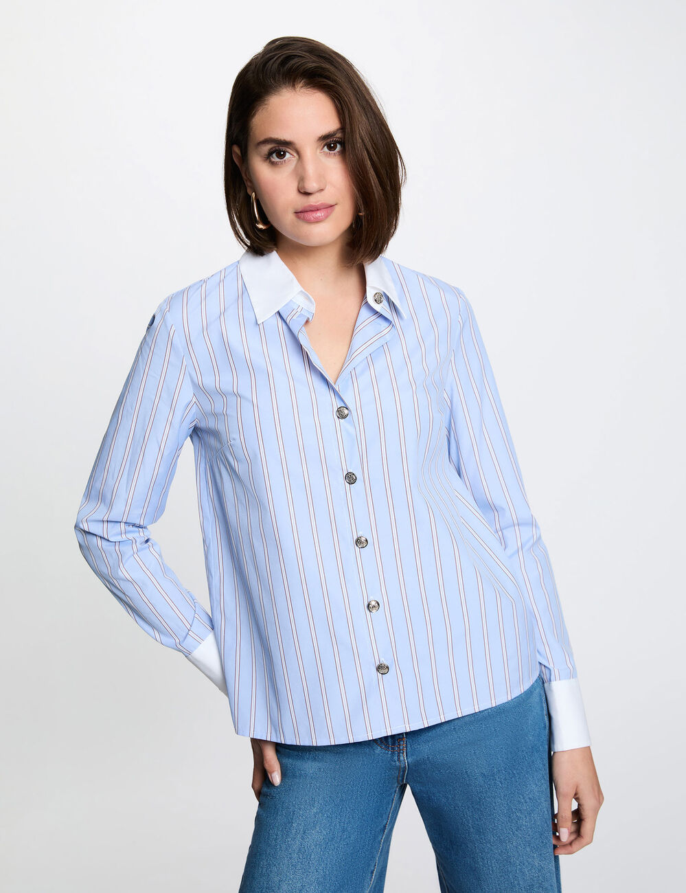 Chemise ray&eacute;e col contrastant bleu ciel femme