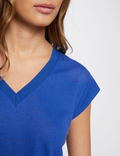 T-shirt met V-hals en korte mouwen bleu electrique vrouw