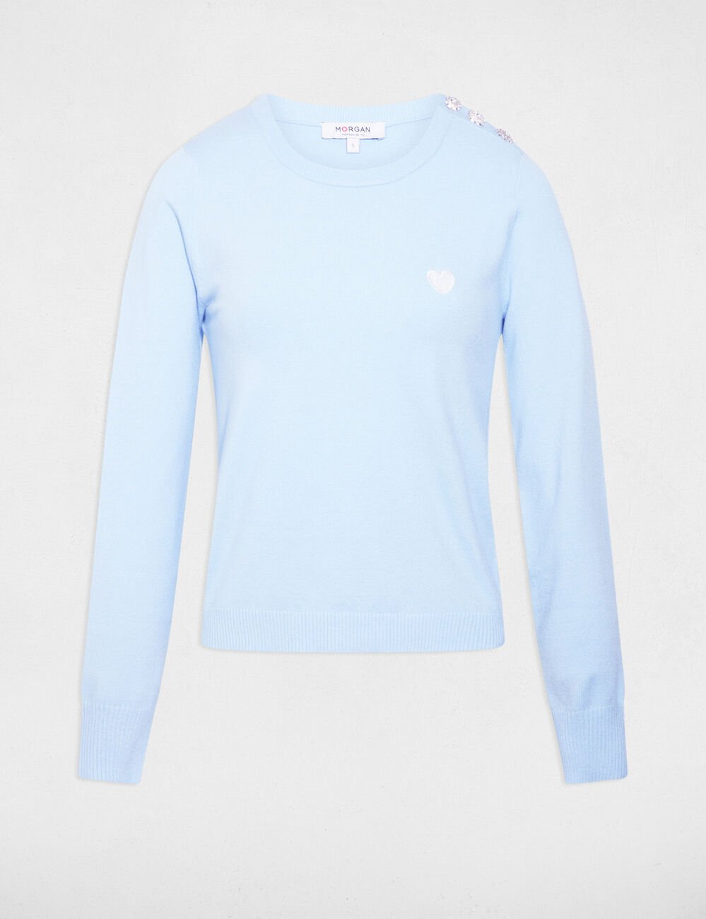 Trui met ronde hals en knopen hemelsblauw vrouw