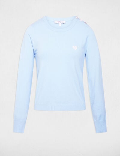 Trui met ronde hals en knopen hemelsblauw vrouw