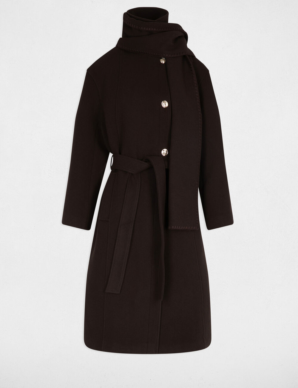 Manteau long col montant marron foncé femme