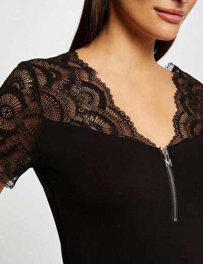 T-shirt manches courtes &agrave; dentelle noir femme