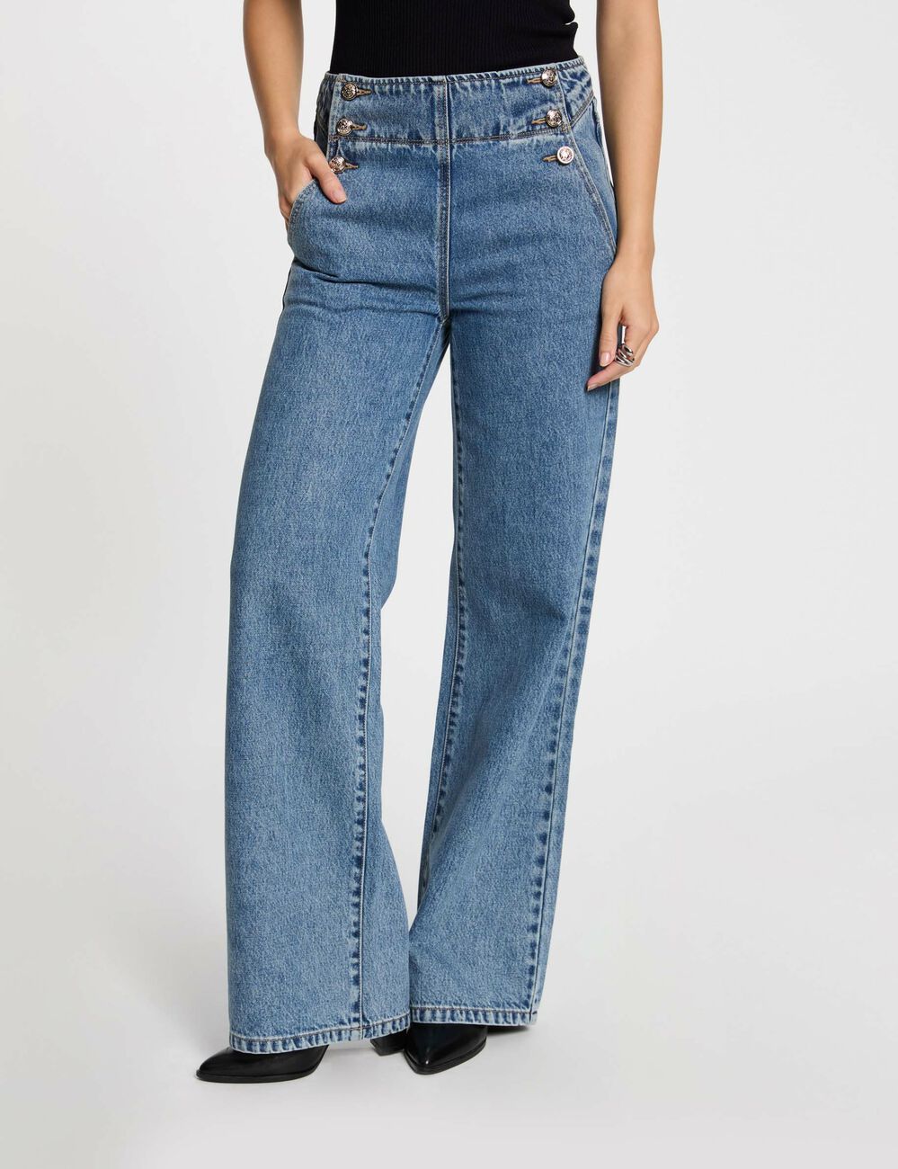 Hoge taille bootcut jeans dubbel stone washed denim vrouw