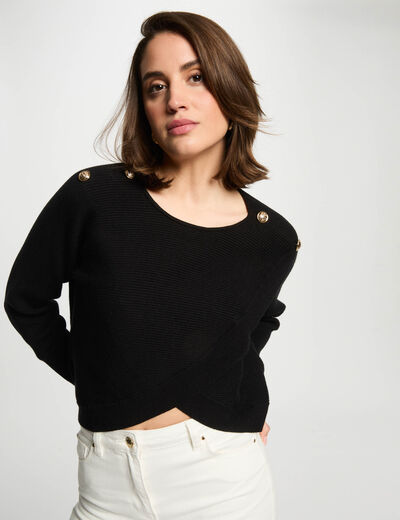 Pull col rond et boutons noir femme