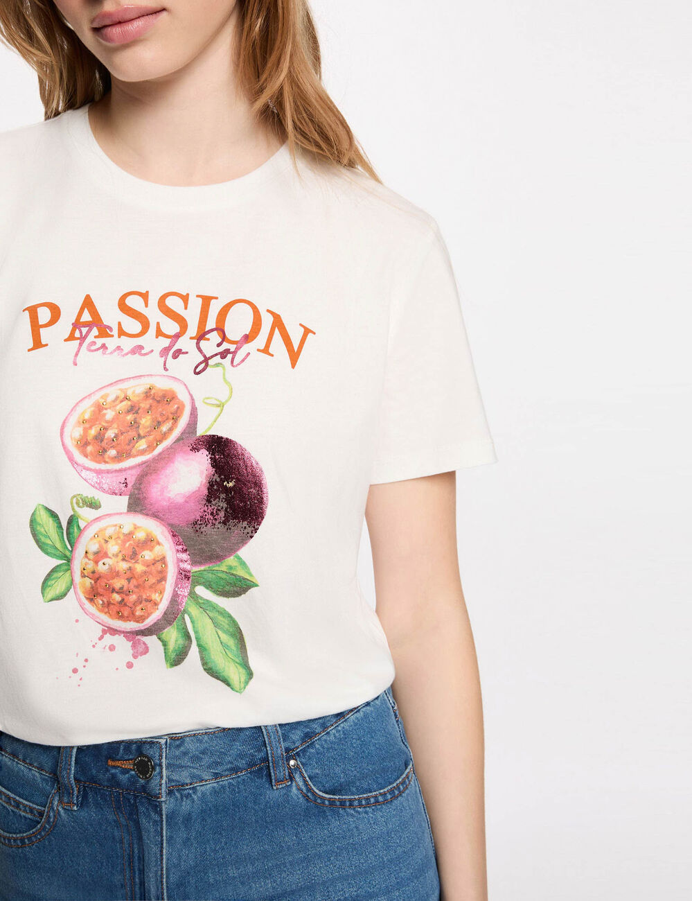 T-shirt imprim&eacute; col rond blanc femme