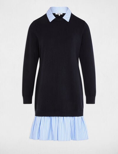 Robe tricot col &agrave; revers bleu marine femme