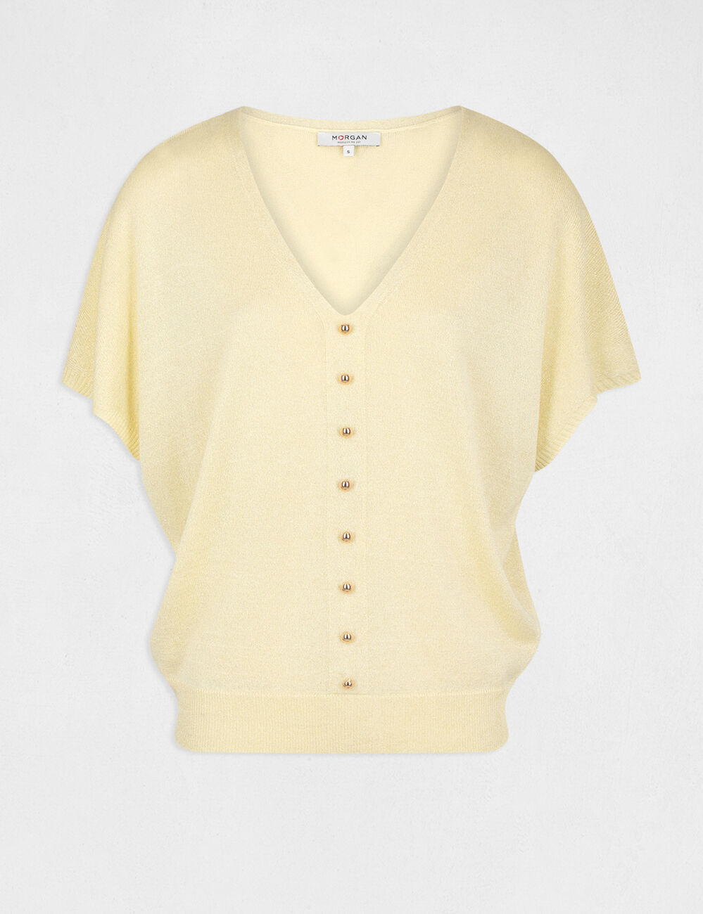 Pull manches courtes avec boutons jaune paille femme