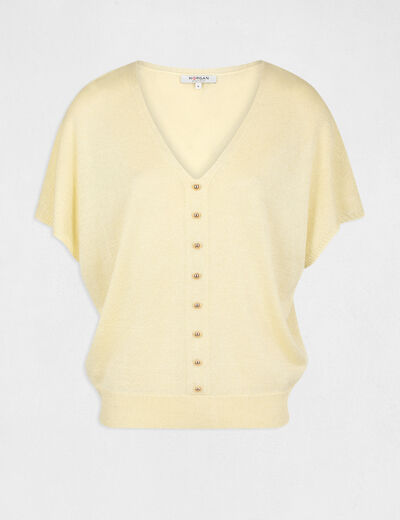 Pull manches courtes avec boutons jaune paille femme