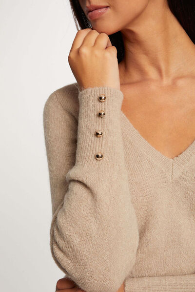 Trui met lange mouwen en V-hals beige vrouw