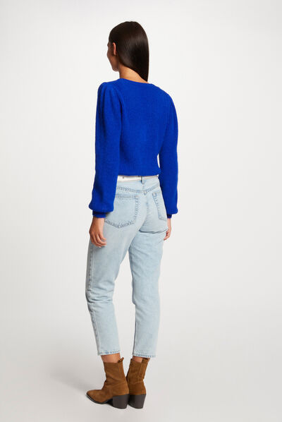 Trui met lange mouwen en V-hals bleu electrique vrouw