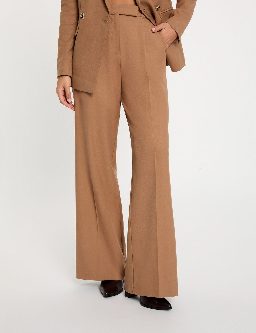 Pantalon large taille haute marron femme
