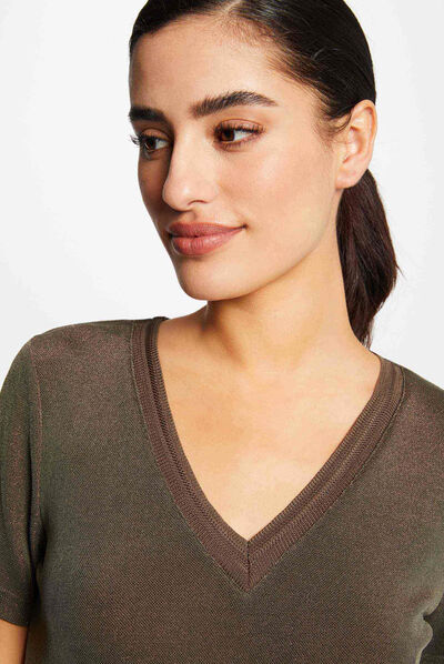 T-shirt manches courtes avec col en V taupe femme