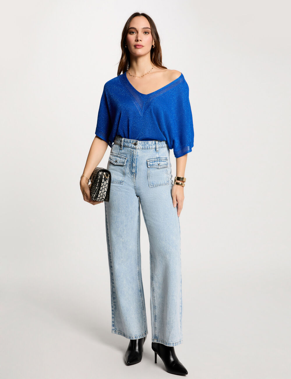 Pull col en V manches courtes bleu electrique femme