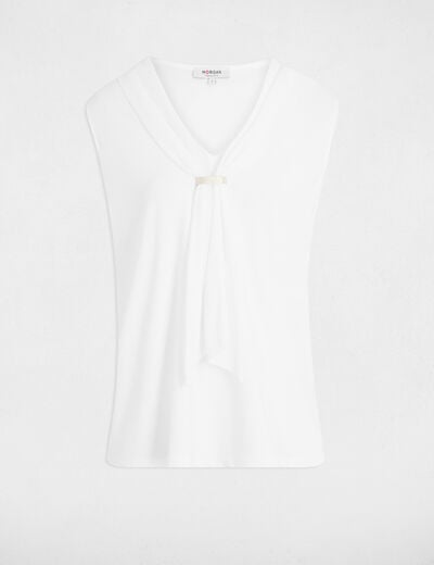 T-shirt col lavalli&egrave;re blanc femme