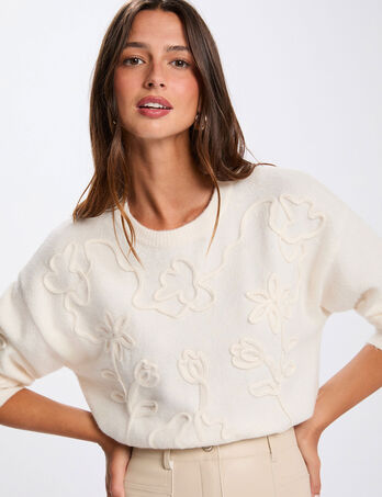 Trui met ronde hals en fantasie ivoor vrouw