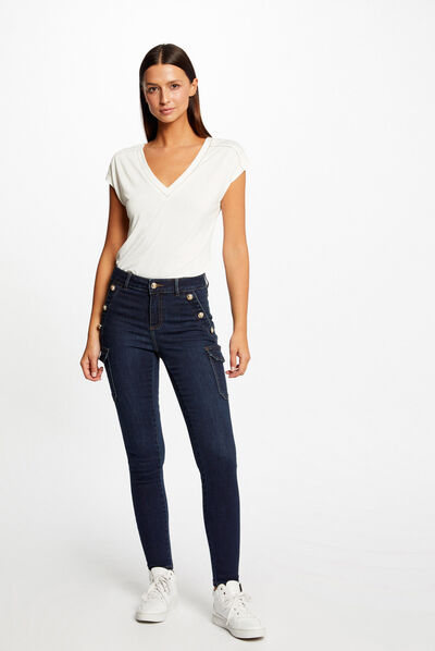Skinny cargojeans met bruggen raw jeans vrouw