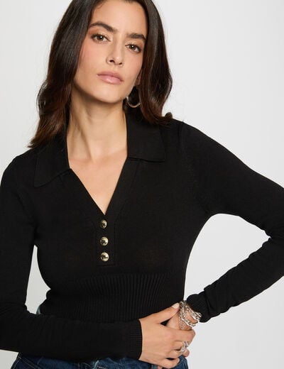 Pull ajusté col polo noir femme